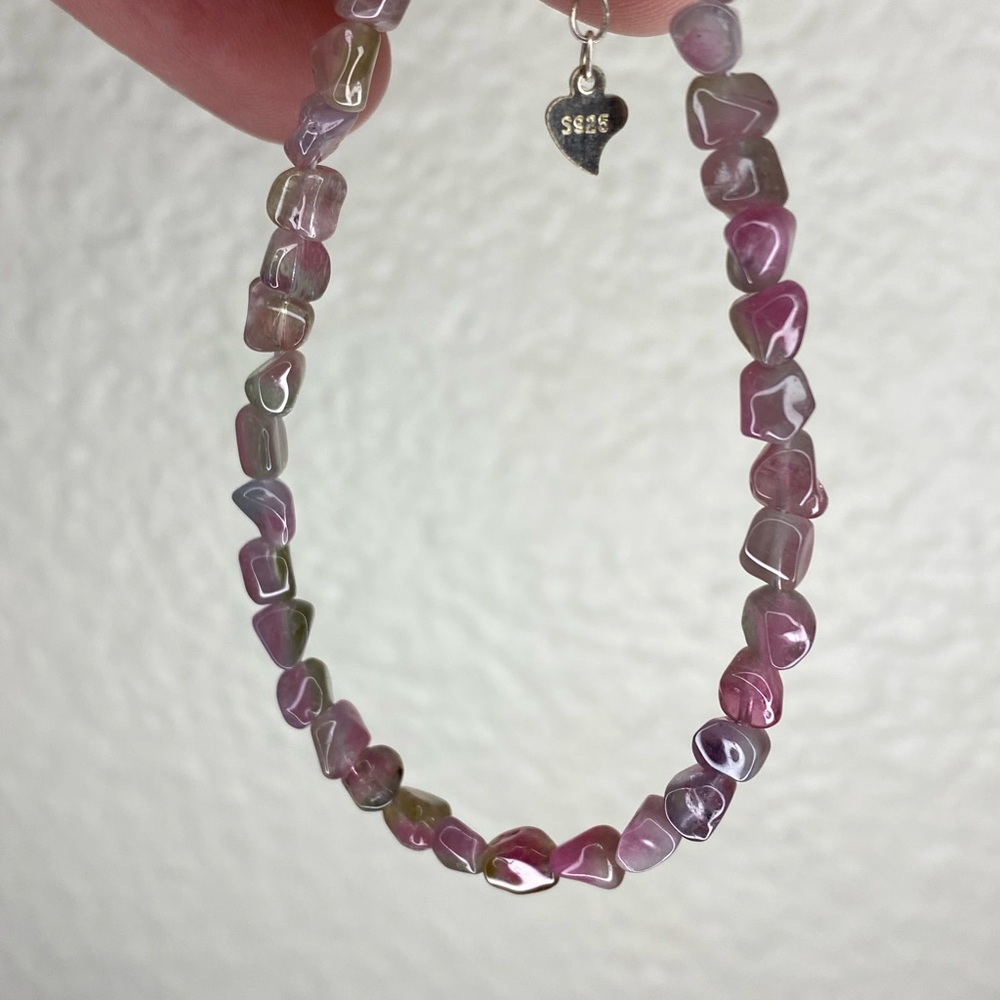 Watermelon Tourmaline Chip Bracelet S925 Adjustable Dainty Pink Green Crystal